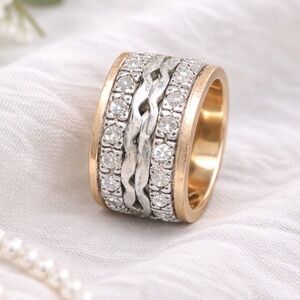 Vintage Sterling Silver CZ Stacked Statement Band Ring • Size 6 •Oxidized Finish